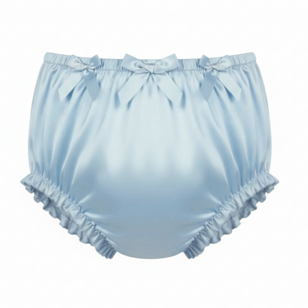 Blue satin diaper cover front view