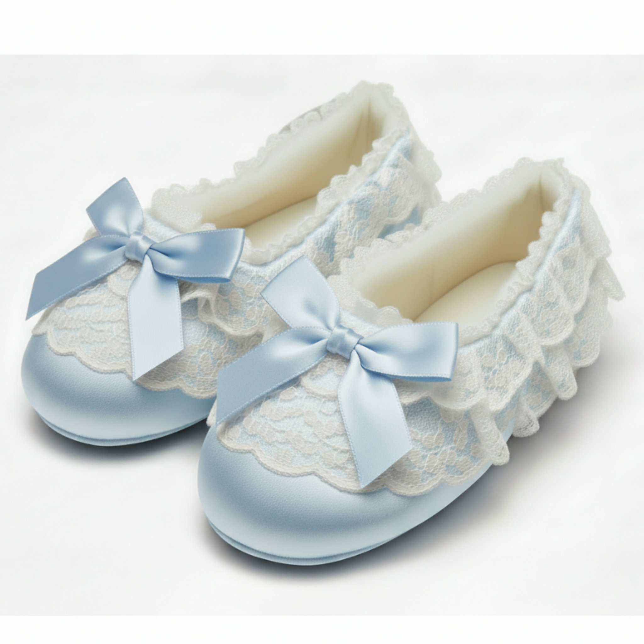 Pair of baby blue satin slippers with lace details and blue bows on a white background