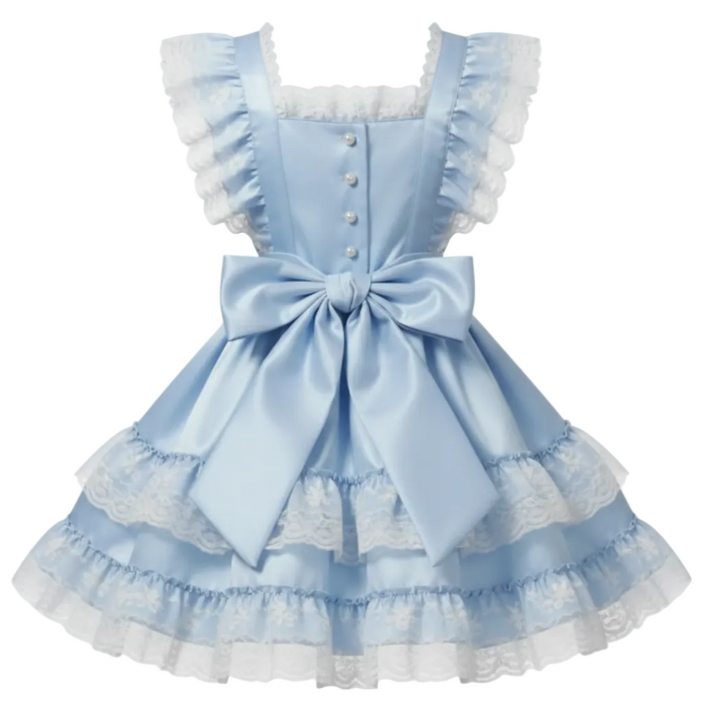 Polly Custom Fit Baby Blue Satin Button Back Pinafore Jumper Sundress by Ben’s