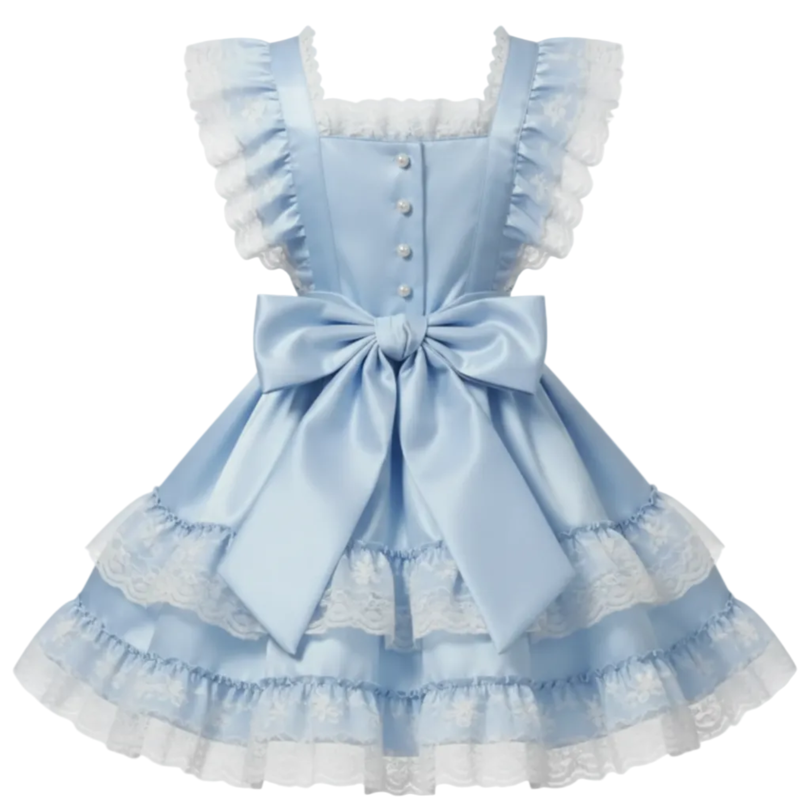 Polly Custom Fit Baby Blue Satin Button Back Pinafore Jumper Sundress by Ben’s