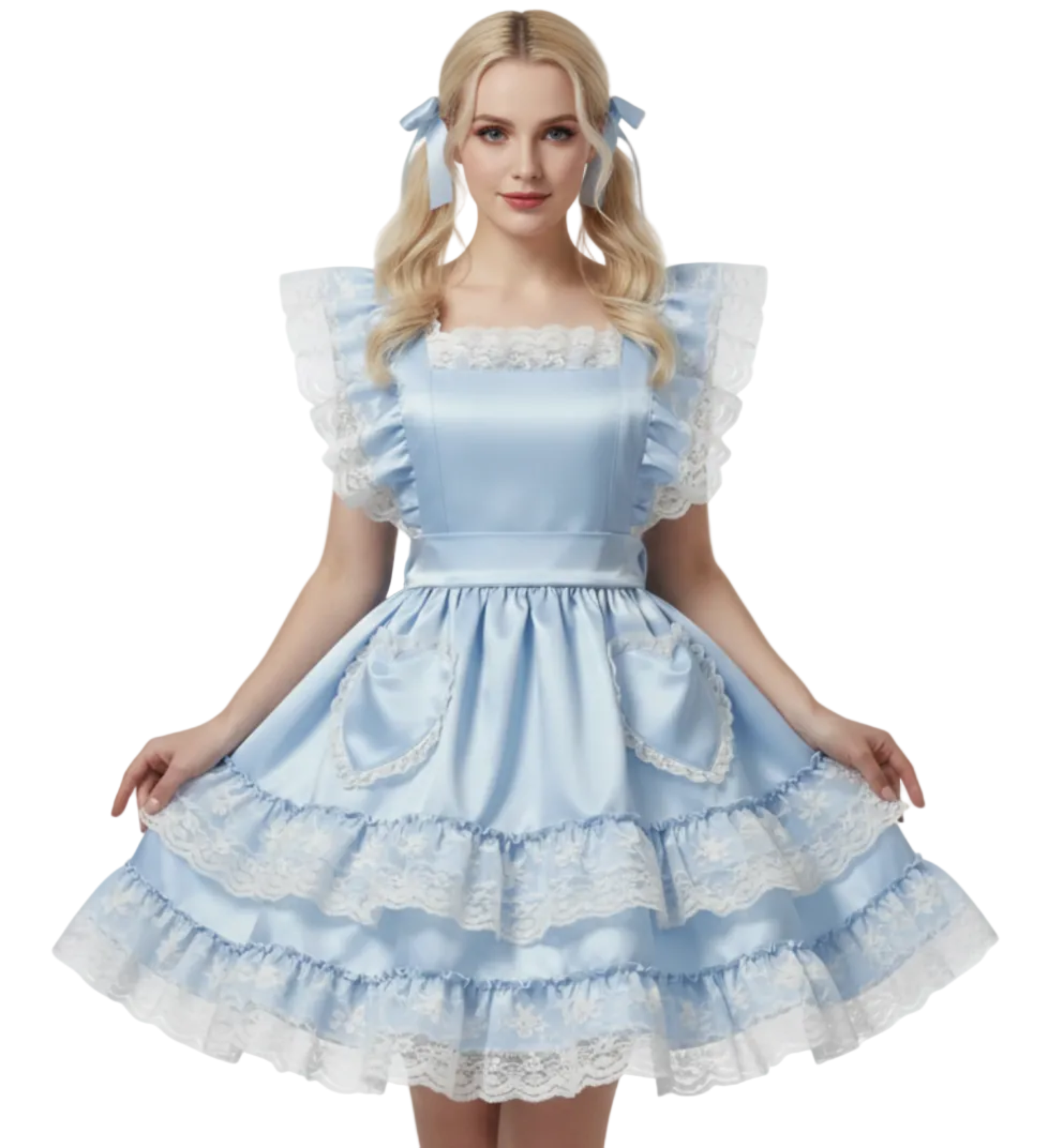 Blue satin pinafore on adult female on a white background