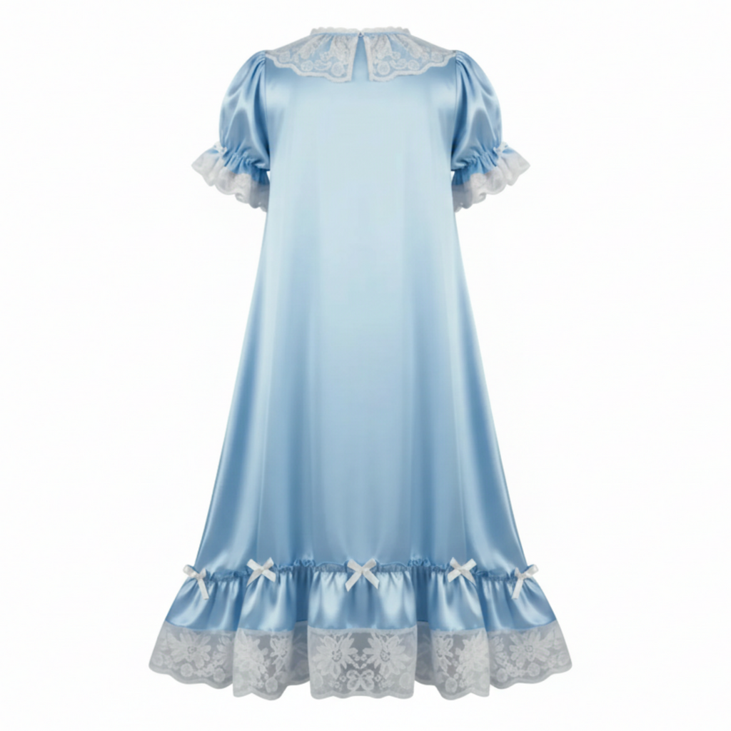 Light blue satin nightgown with lace details on a white background