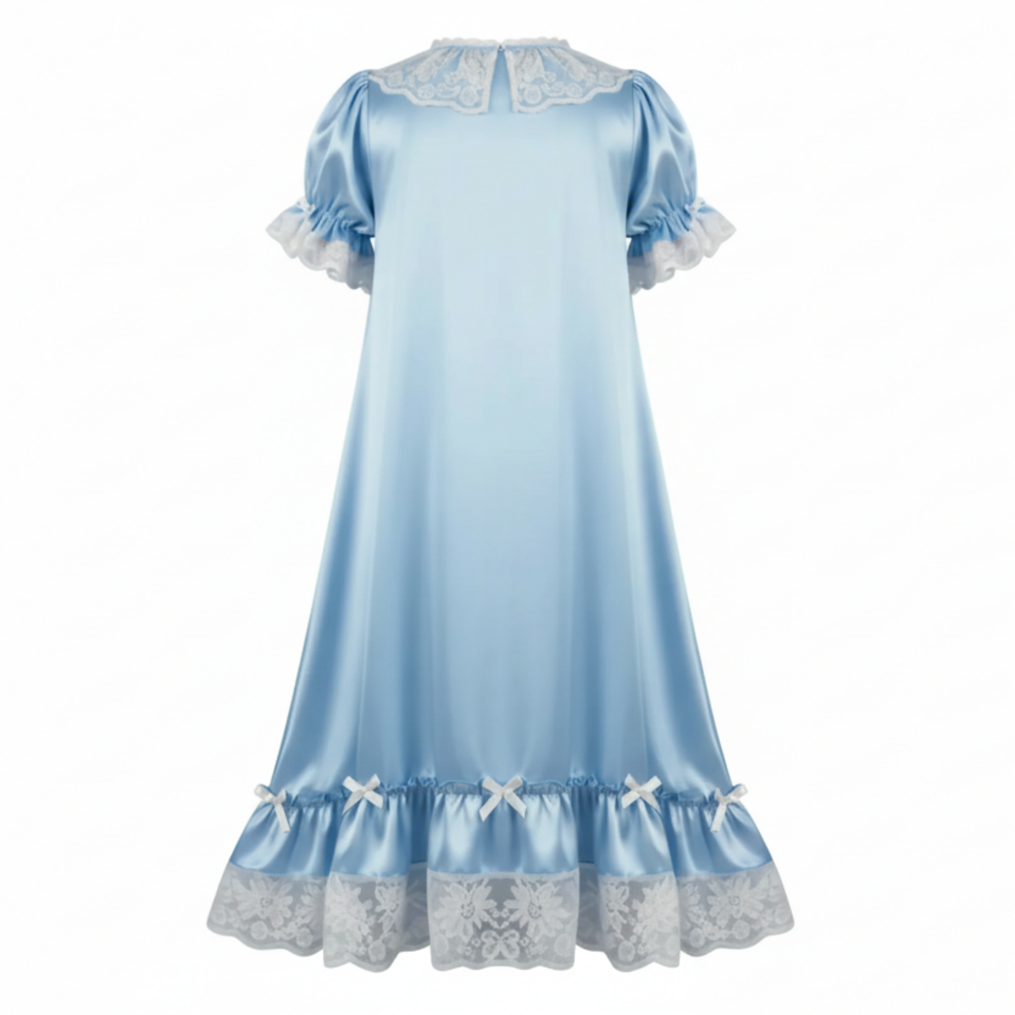 Light blue satin nightgown with lace details on a white background