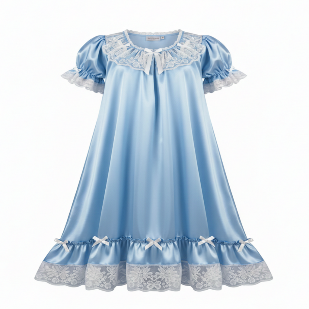 Light blue nightgown with lace details on a white background