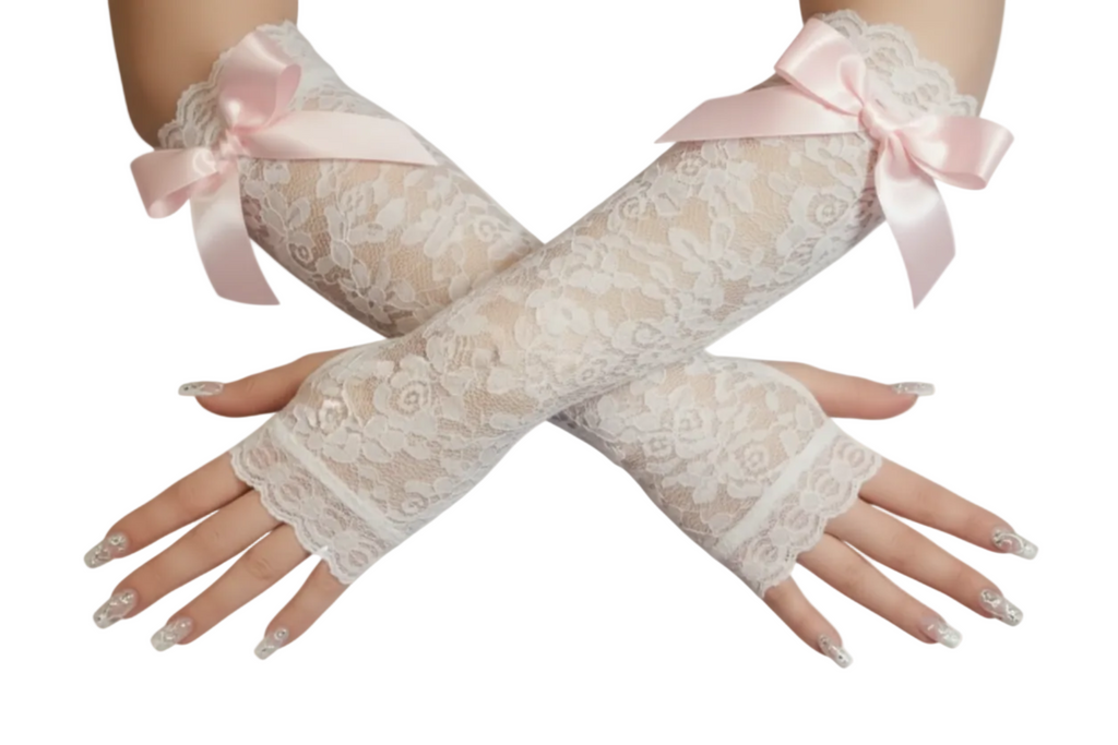 Custom Fit White Floral Stretch Lace Fingerless Wedding Gloves Adult Sissy by Ben’s