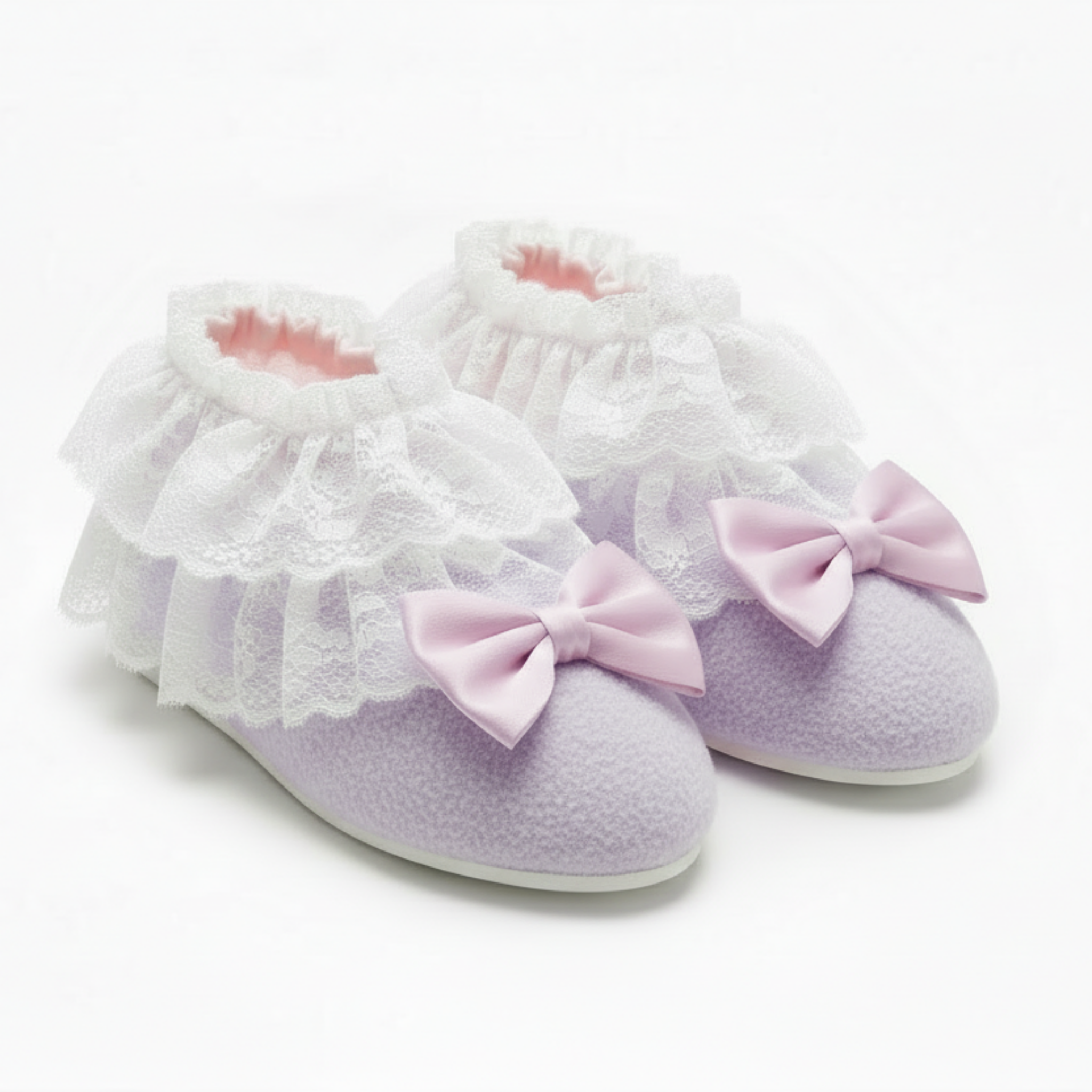 Lavender Fleece Slippers with white ruffles and bows on a white background