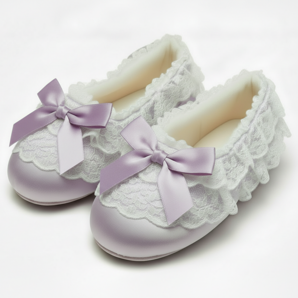 Pair of Lavender Satin Slippers with lace details and purple bows on a white background