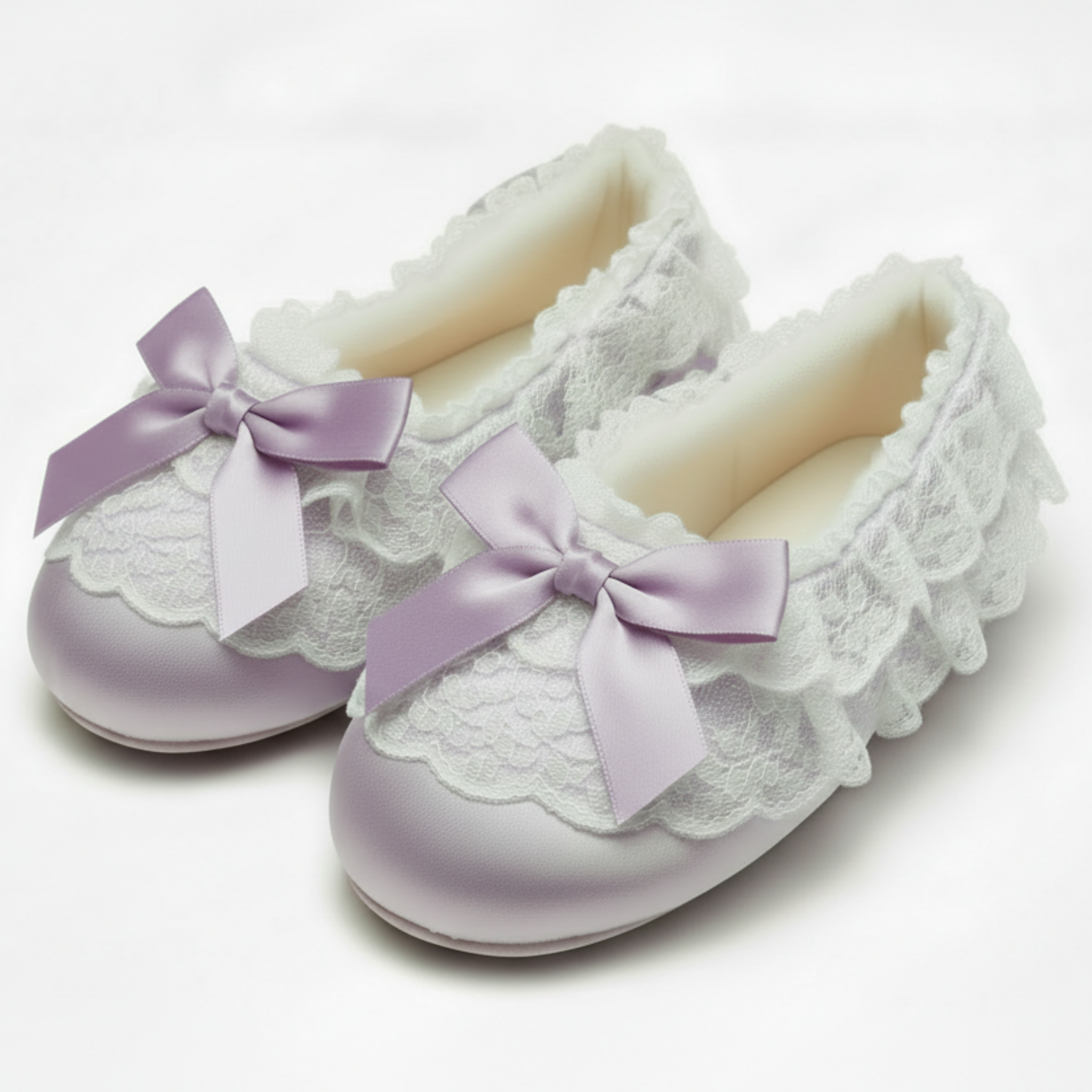 Pair of Lavender Satin Slippers with lace details and purple bows on a white background