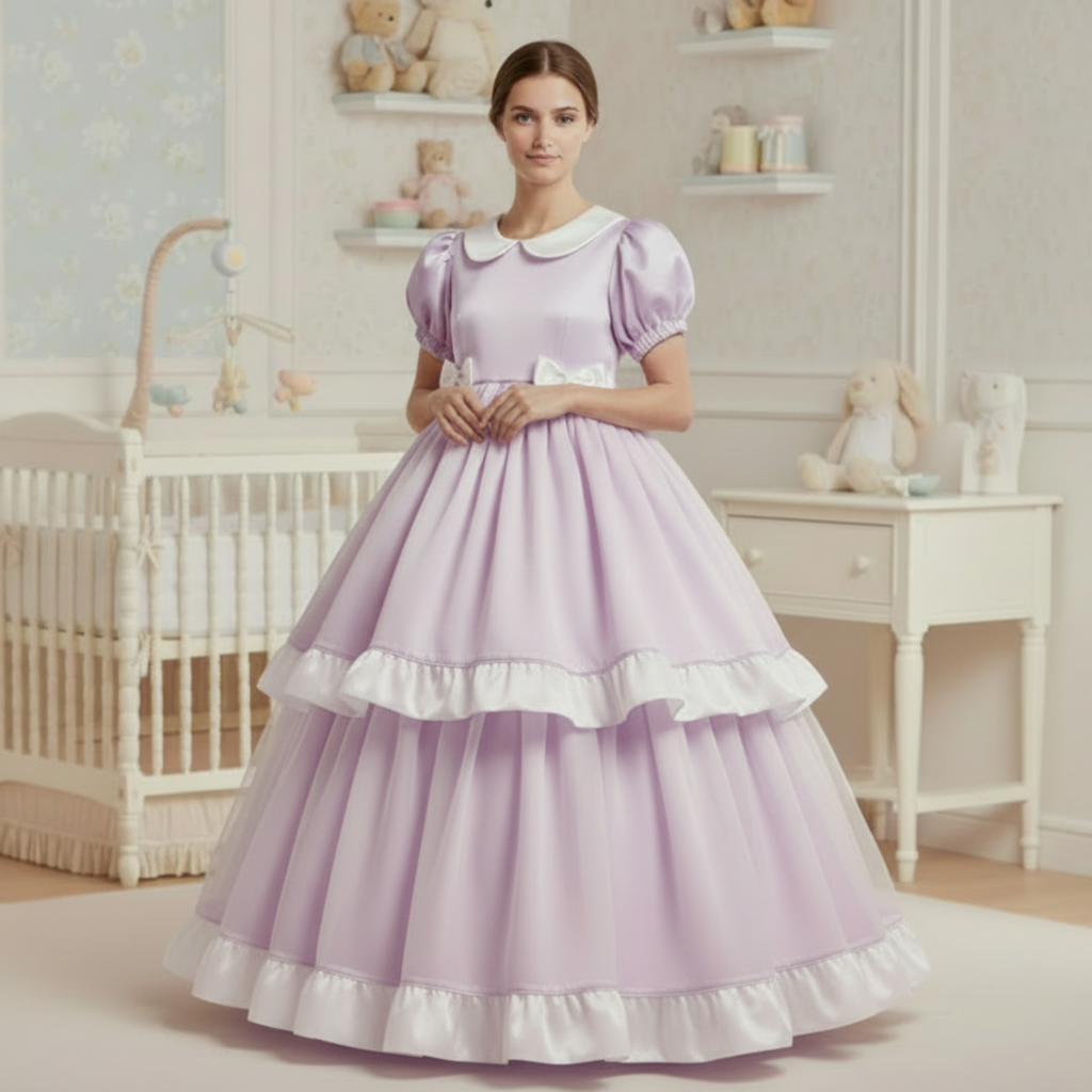 Woman in a lilac dress standing in a nursery with a crib and shelves in the background.