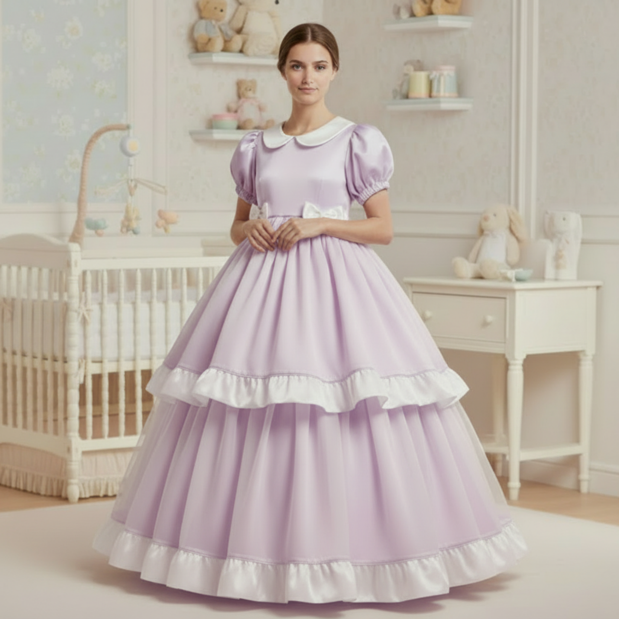 Woman in a lilac dress standing in a nursery with a crib and shelves in the background.