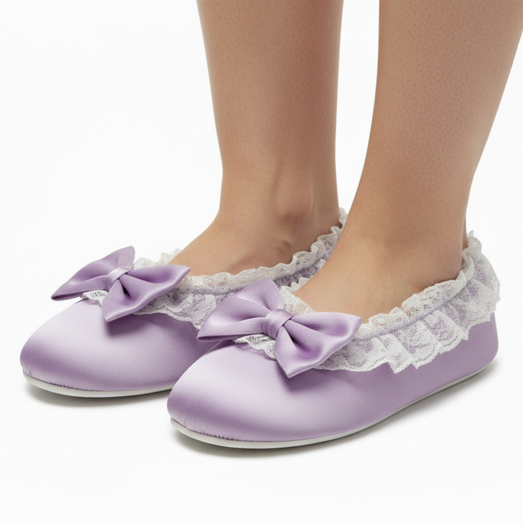 Purple slippers with bows and lace trim on a white background