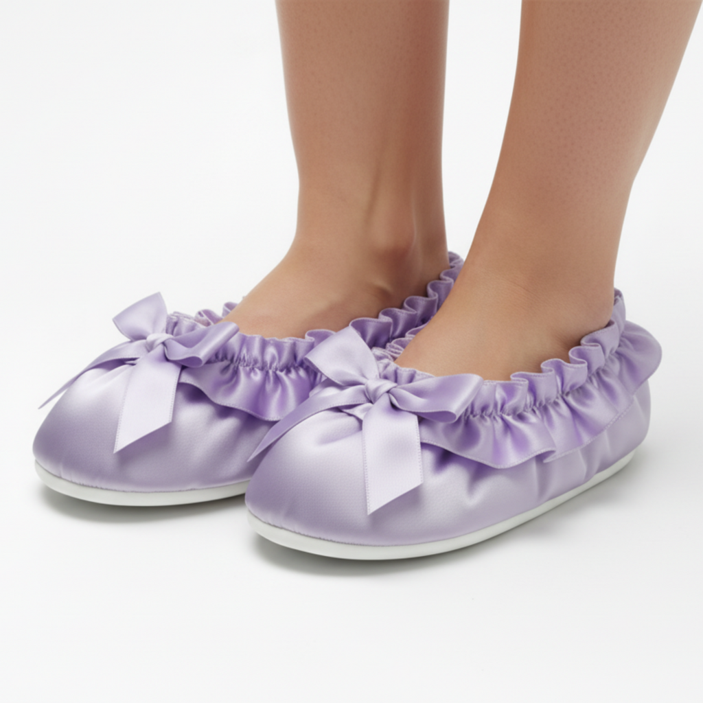 Purple satin slippers with ruffles and bows on a white background