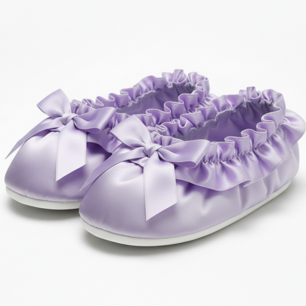 Pair of lavender satin slippers with ruffles and a bow on a white background