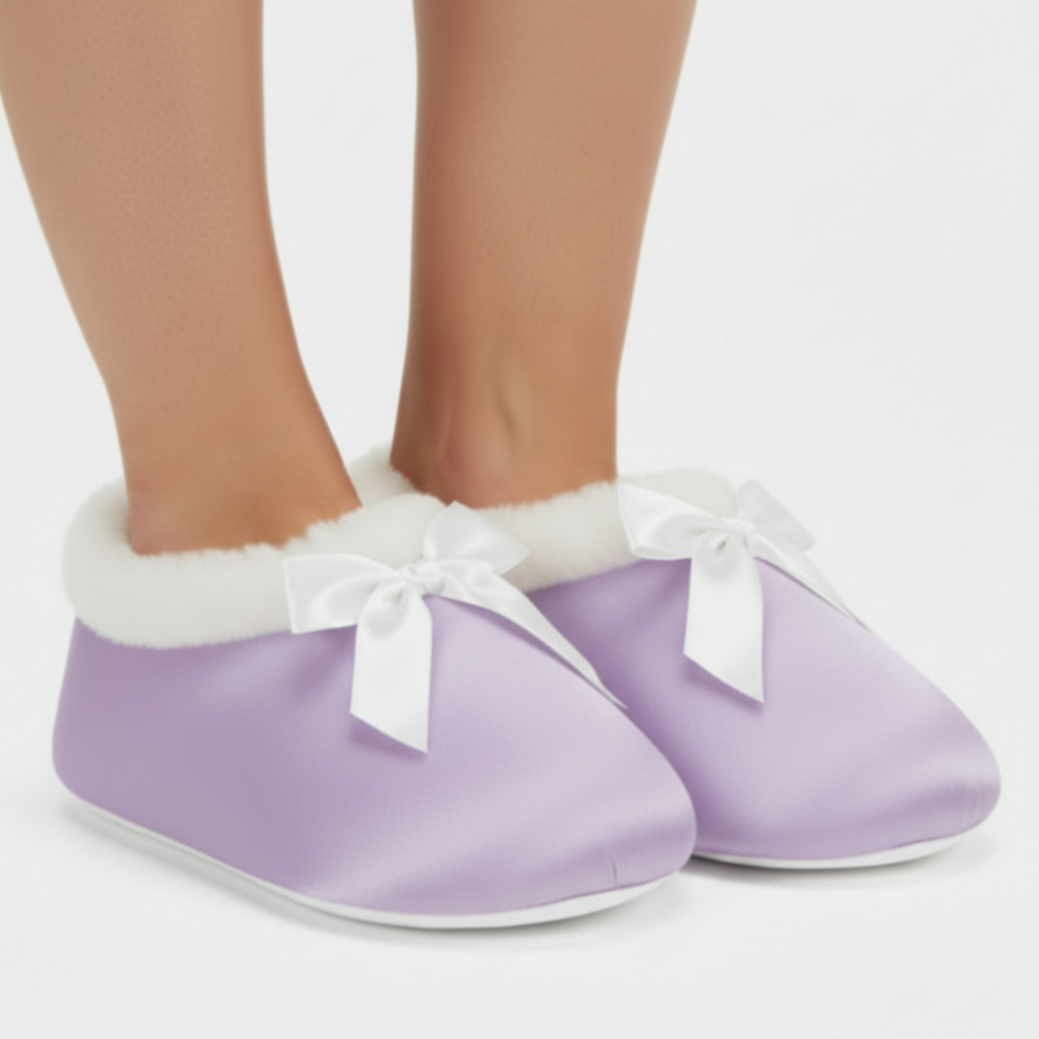 lavender satin slippers with bows on a white background