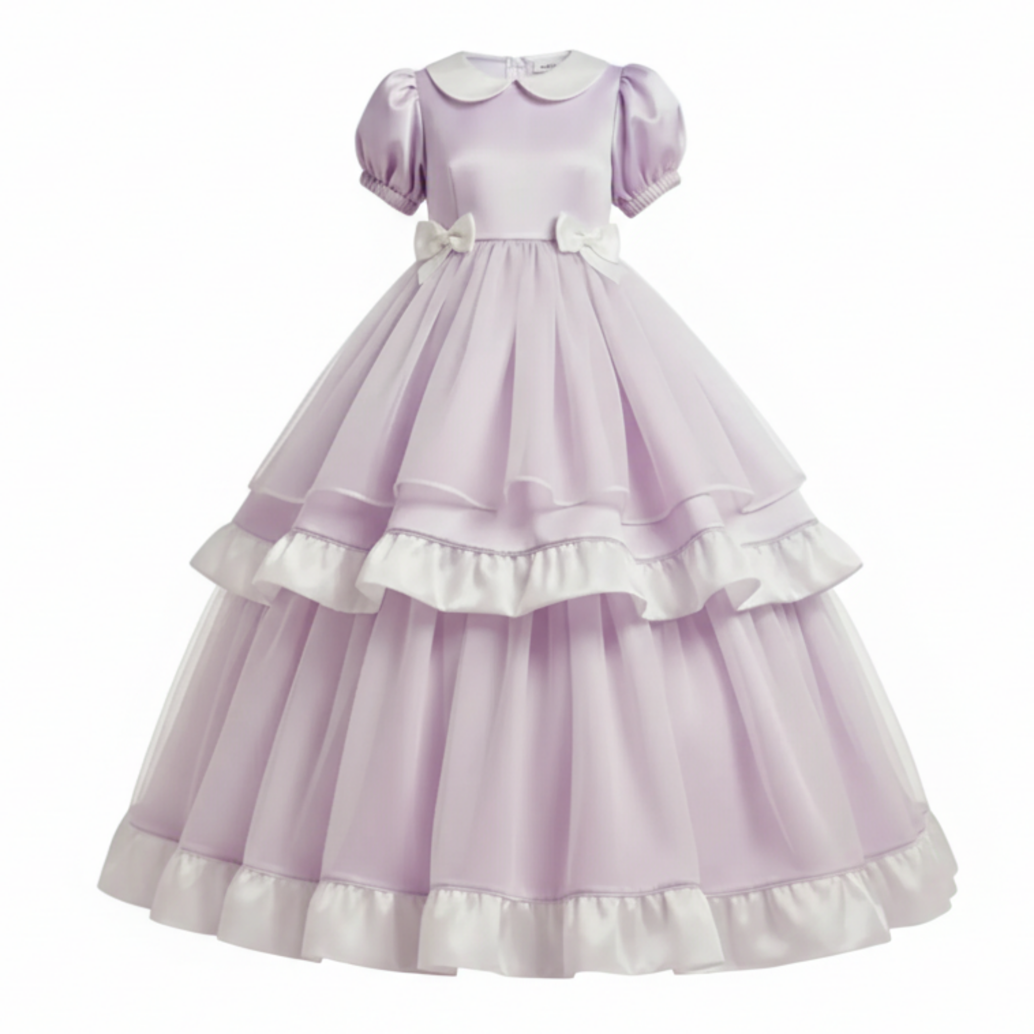 Lavender and white satin sissy ballgown on a white background