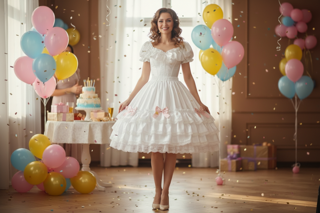 Woman in white satin skirt with ruffles at a birthday party