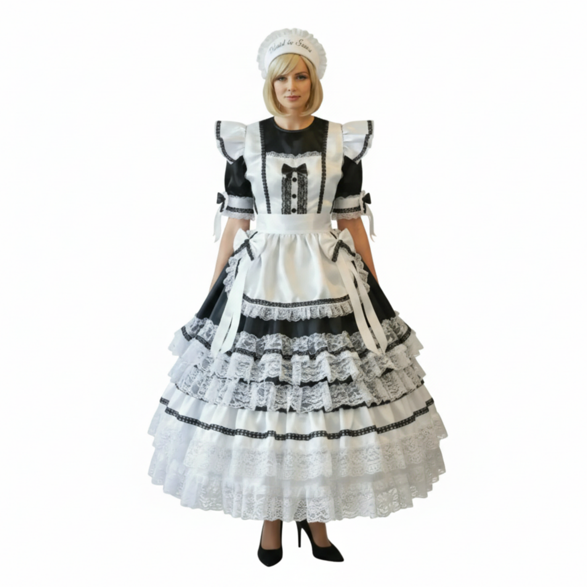 Elizabeth Custom Fit Satin Adult Sissy French Maid Gown with Headpiece by Ben’s