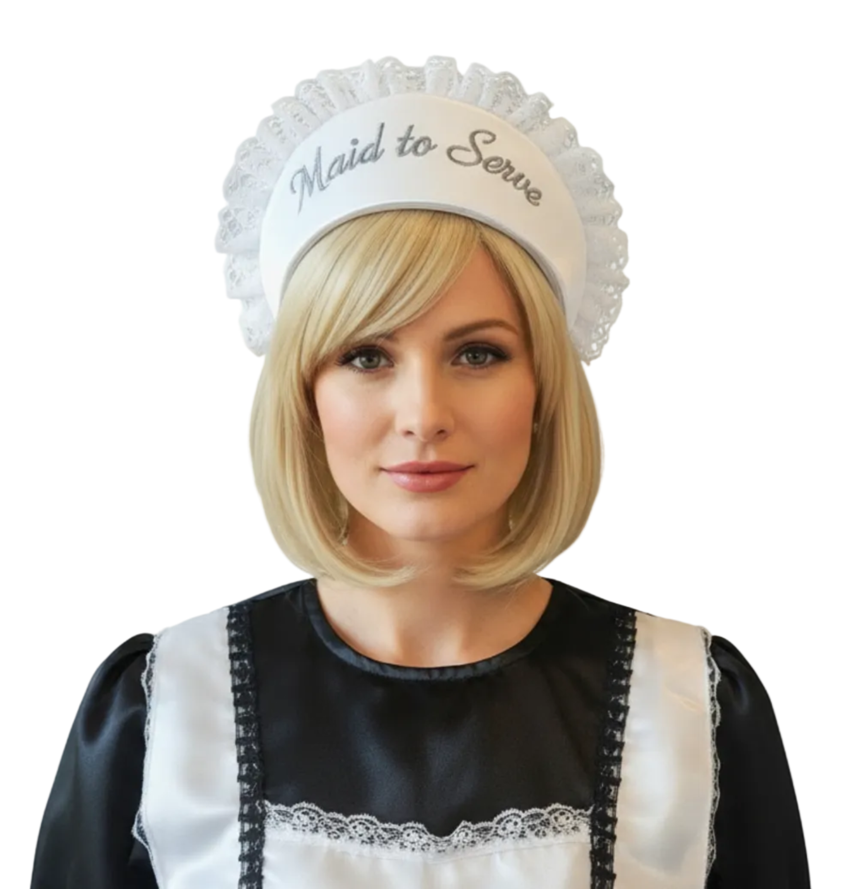 Person wearing a maid outfit with a hat that says 'Maid to Serve' on a white background