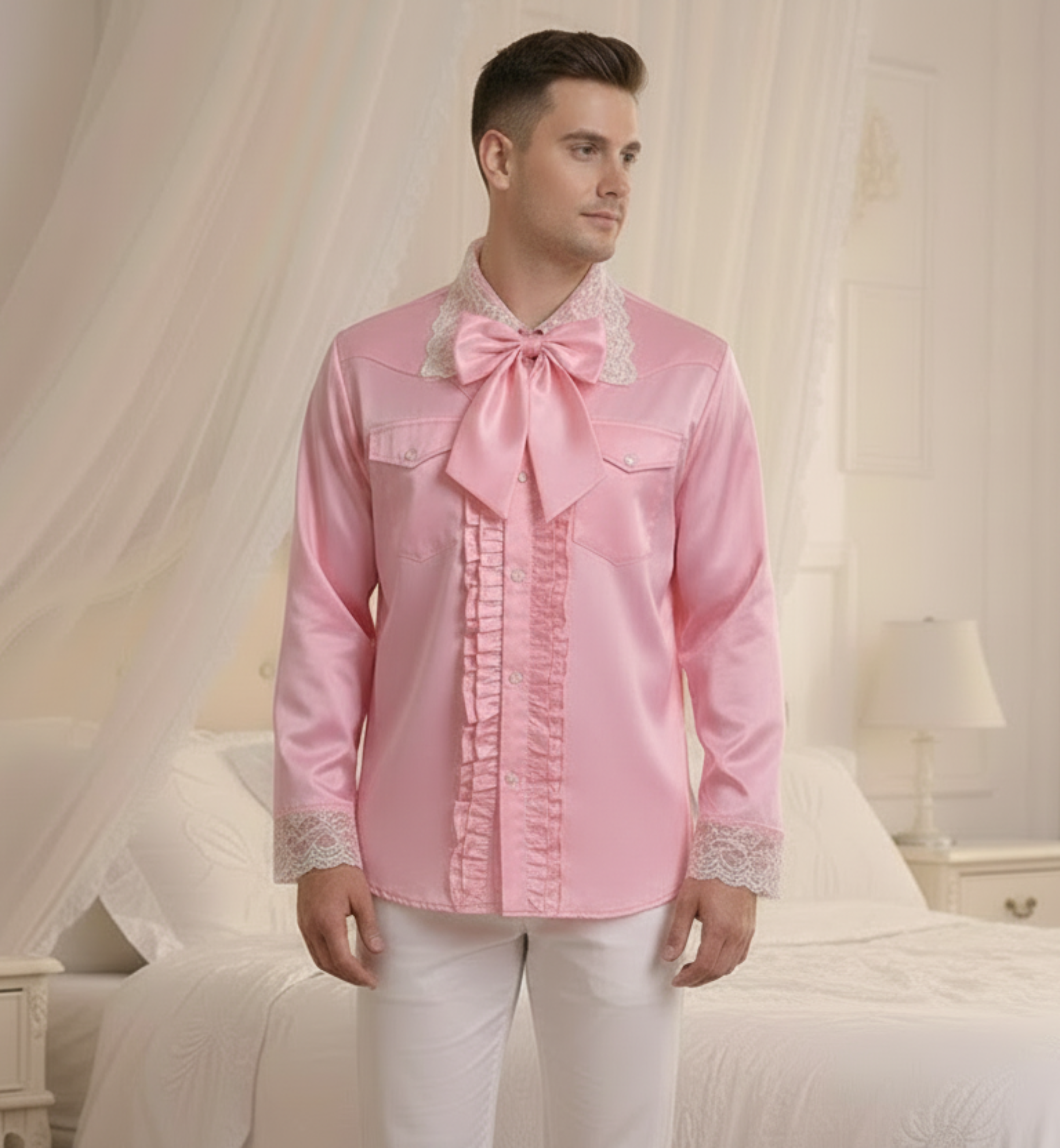 Man wearing a pink shirt and white pants in a bedroom setting