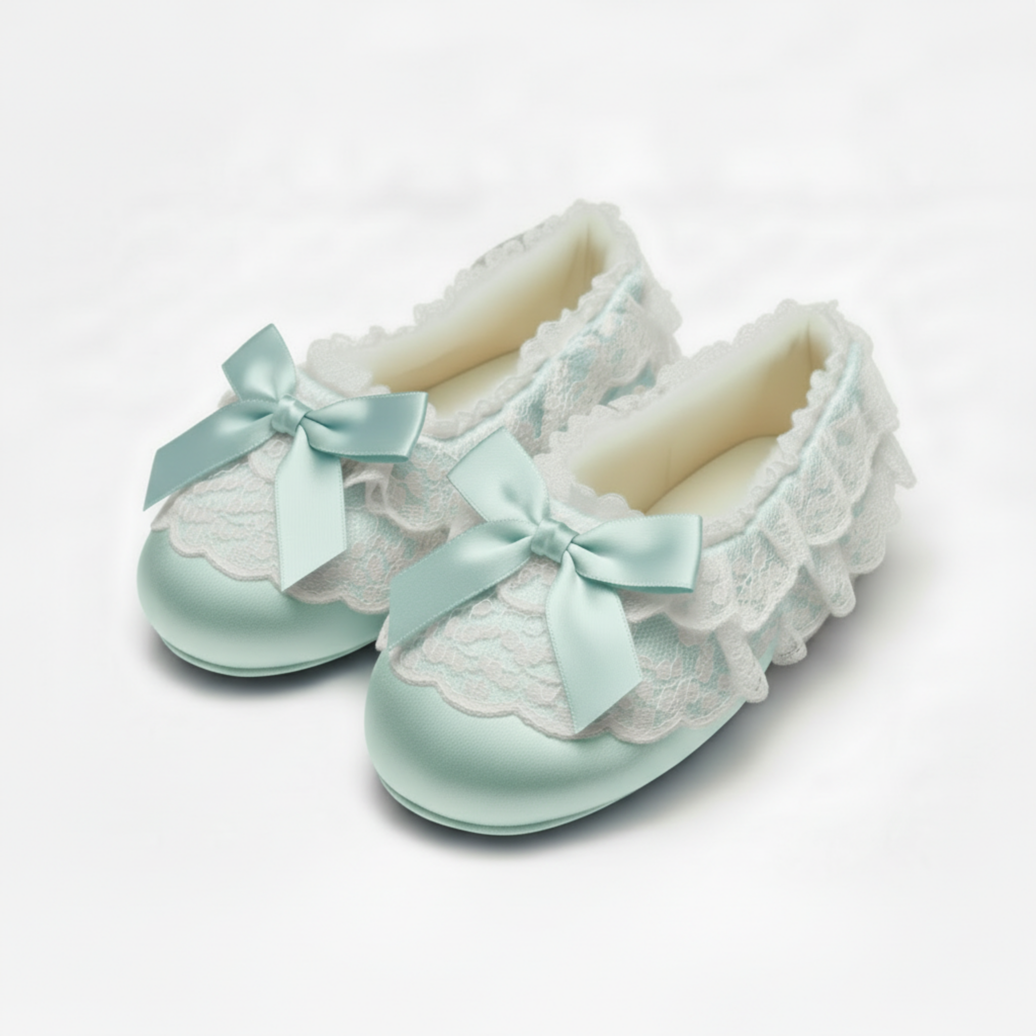 Pair of mint green satin slippers with lace details and bows on a white background