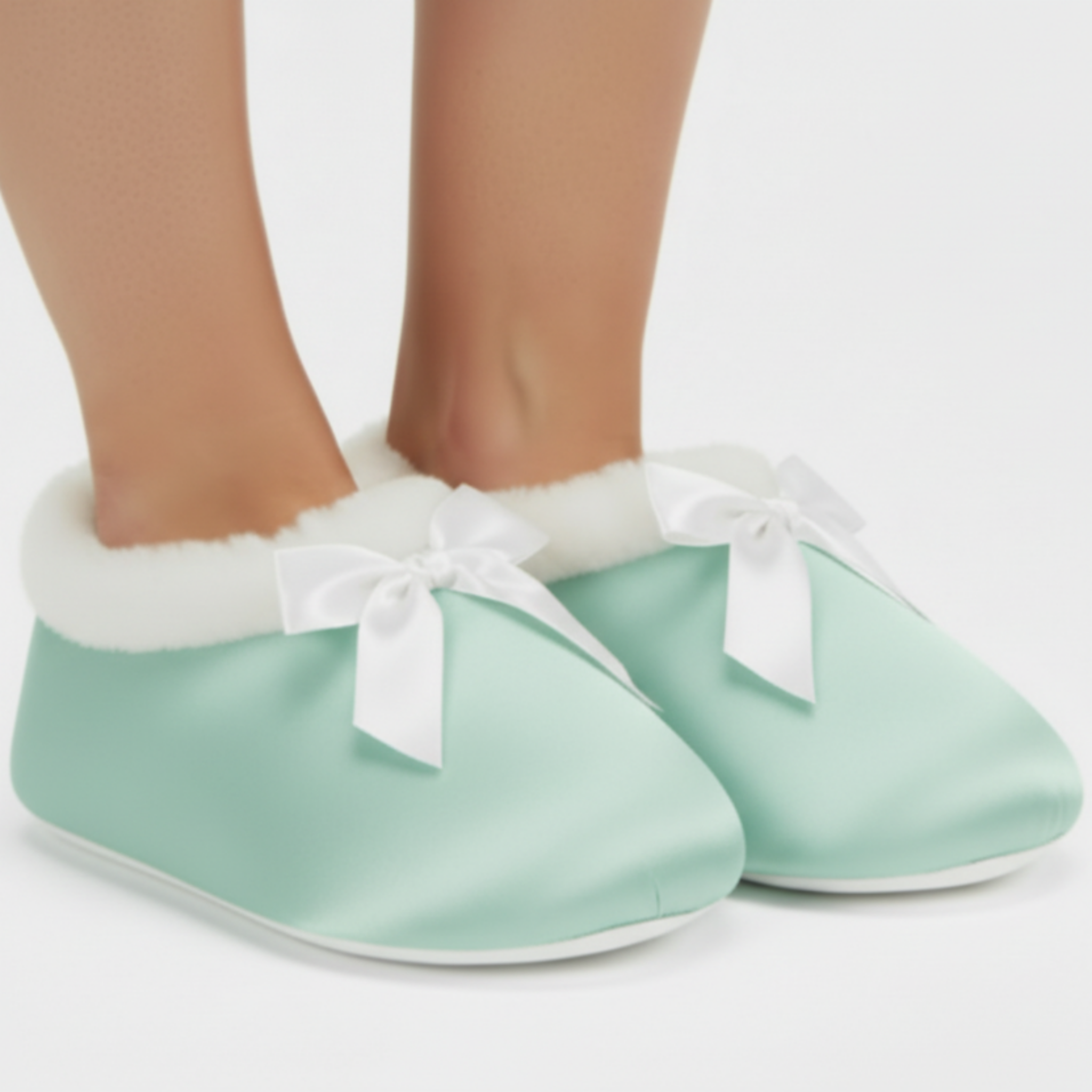 Pair of mint green satin slippers with white bows on a neutral background