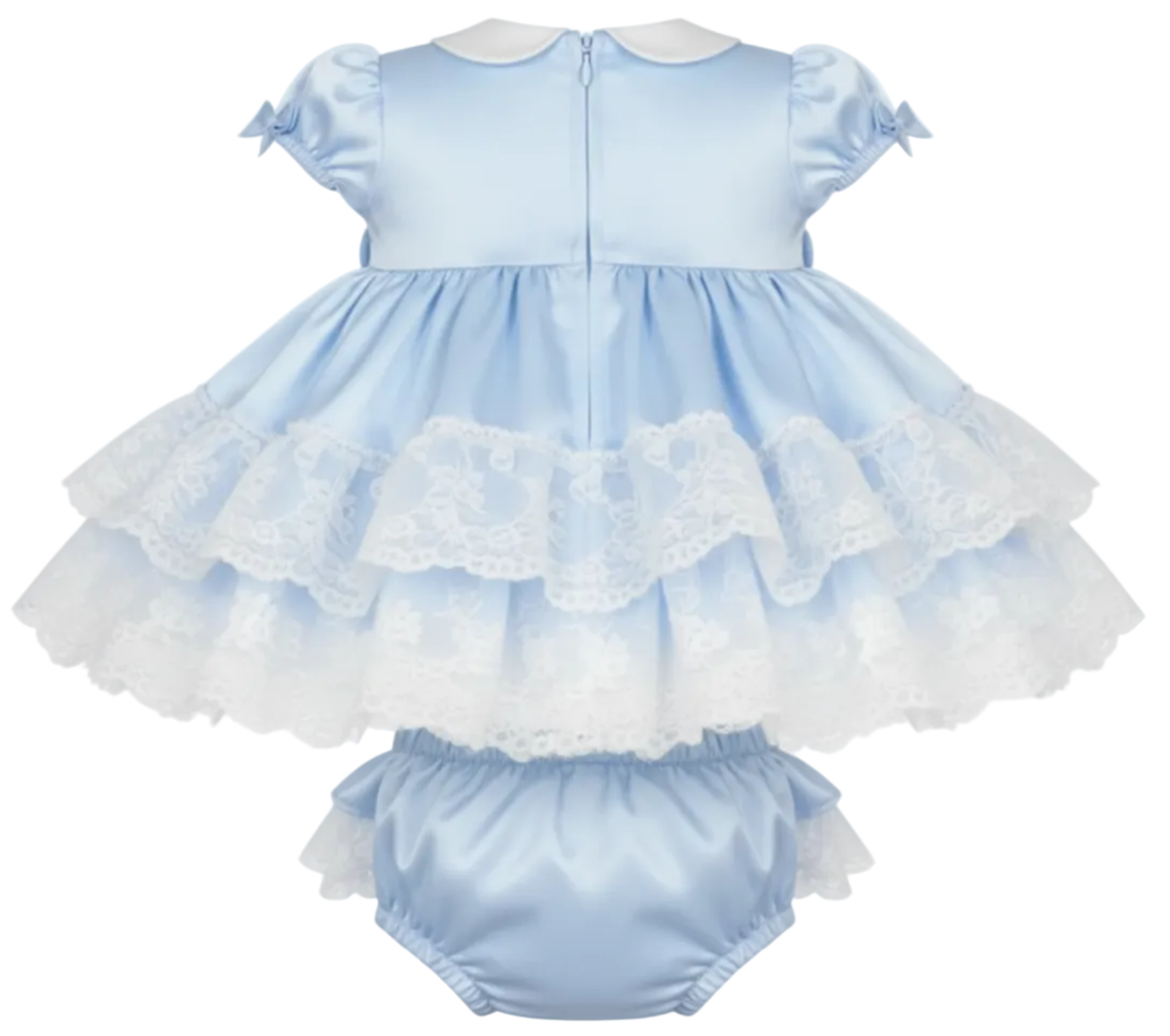 Light blue baby dress with ruffled layers and matching bloomers on a white background