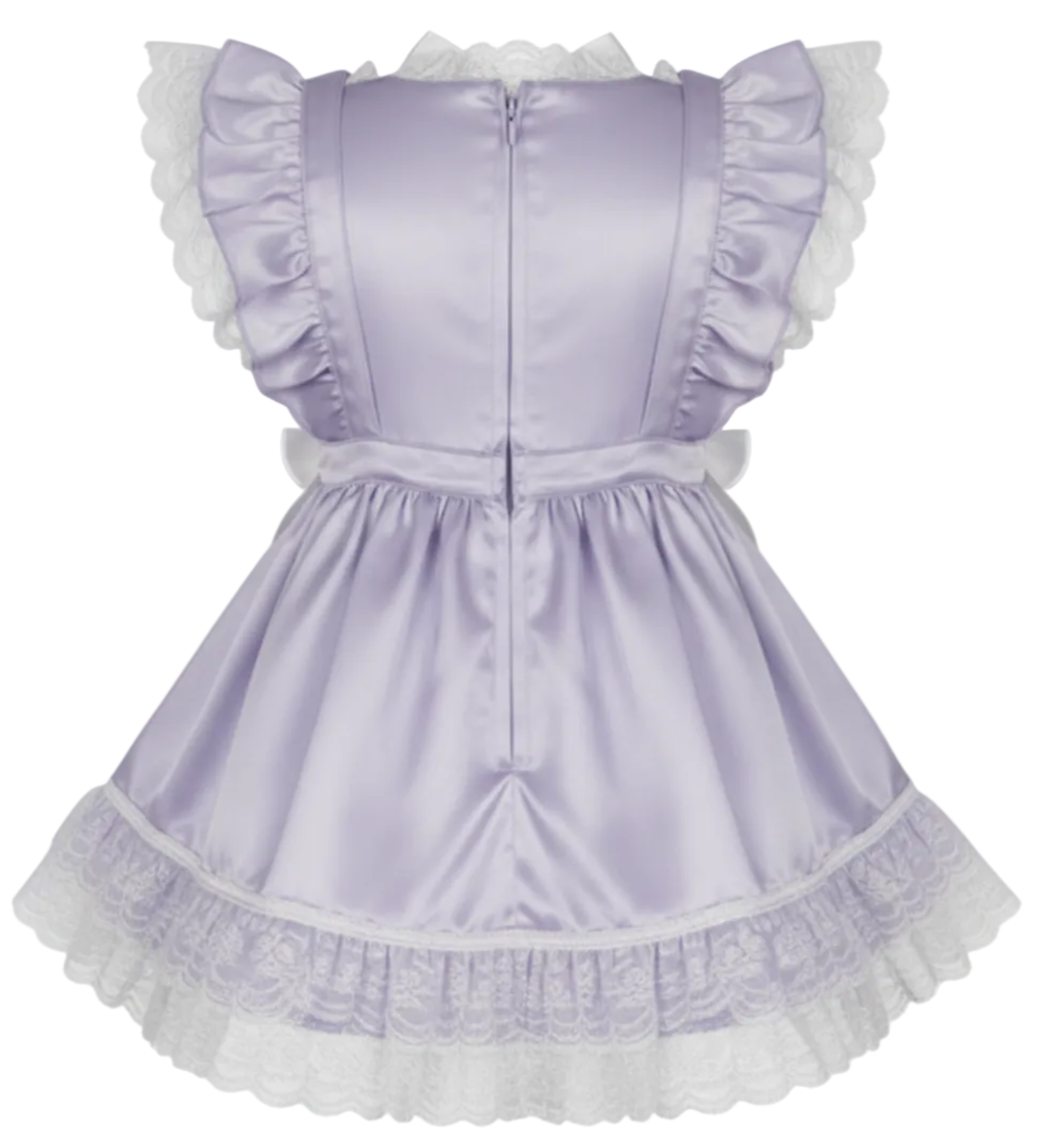 Lavender dress with white lace trim and bow on a white background