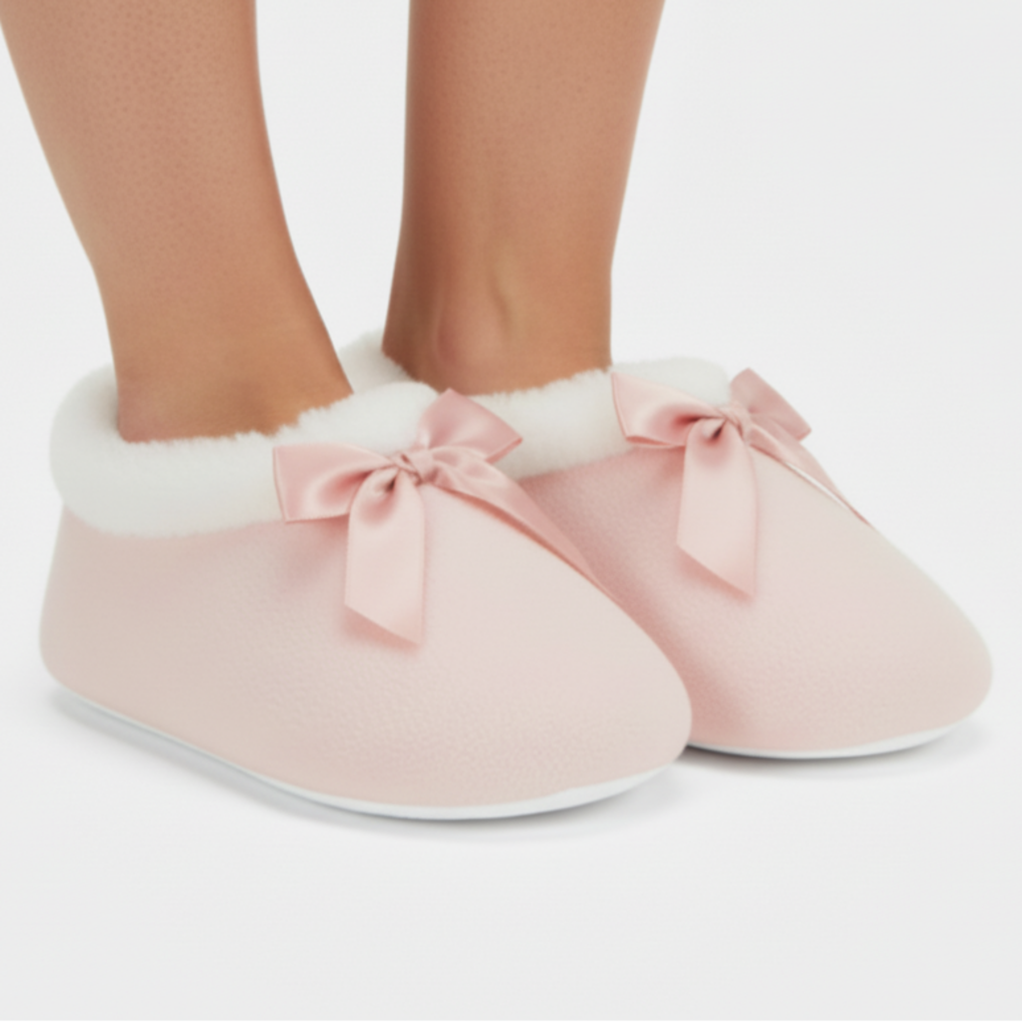 Pair of pink baby slippers with bows on a white background