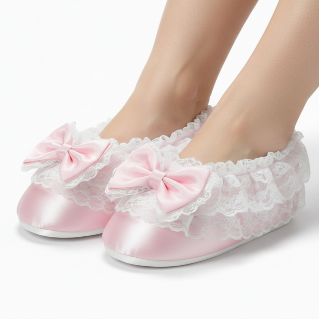 Slippers Made to Fit You Pink Satin & Lace Ruffles Adult Sissy Baby Luxury Lolita by Bens
