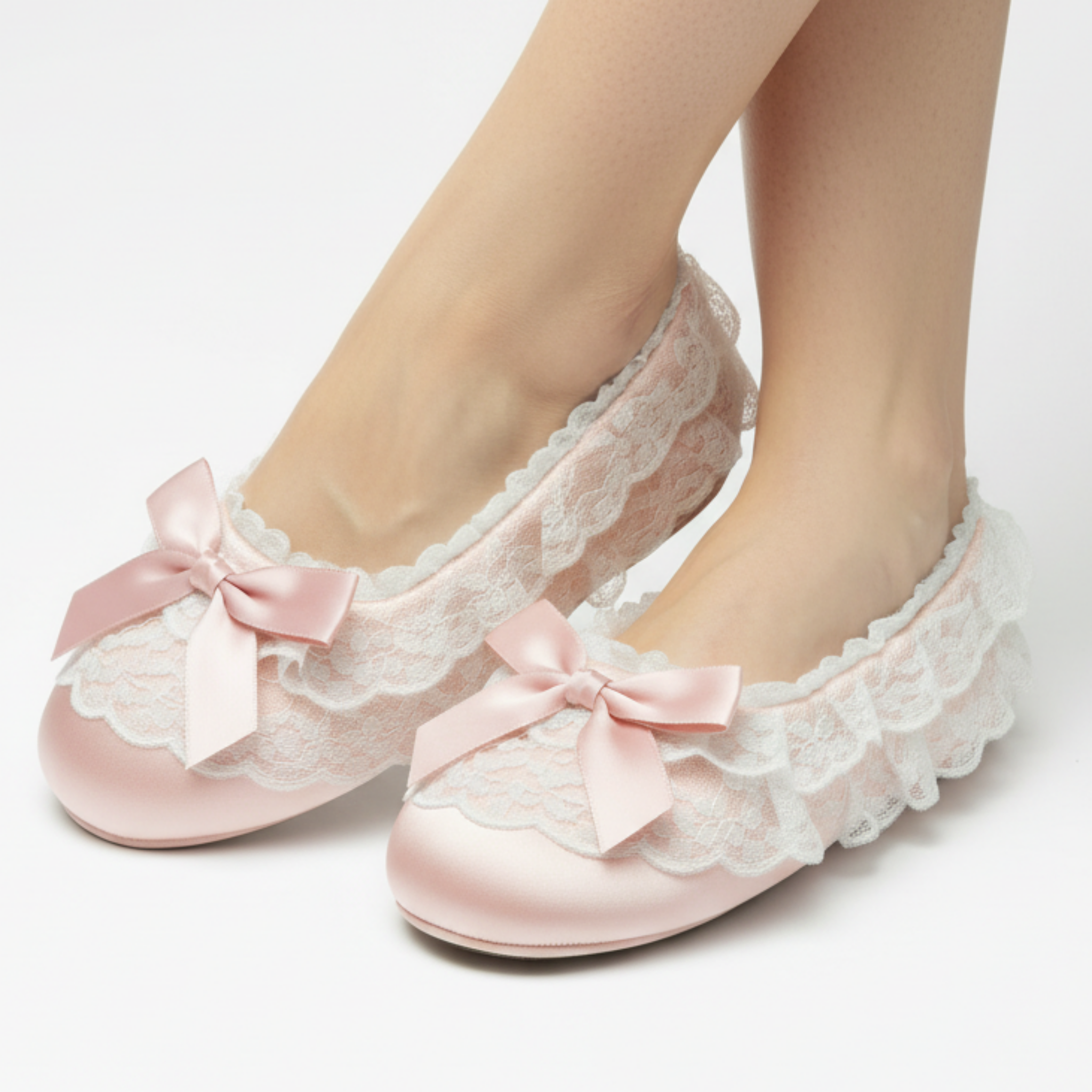 Pink Satin Lacy Ruffles and Ribbon bows Slippers