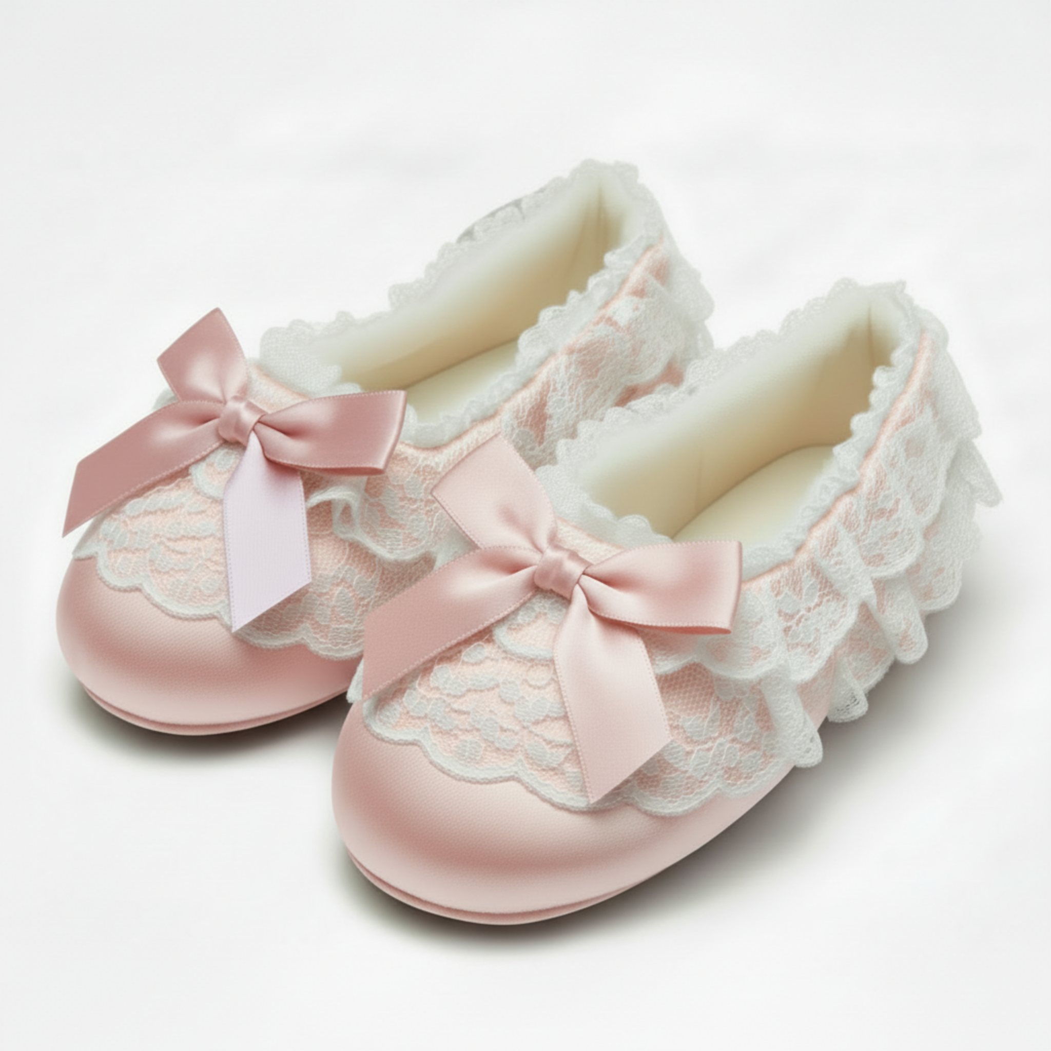 Pair of pink slippers with lace details and bows on a white background
