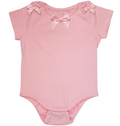 Pink baby onesie with bow details on a white background