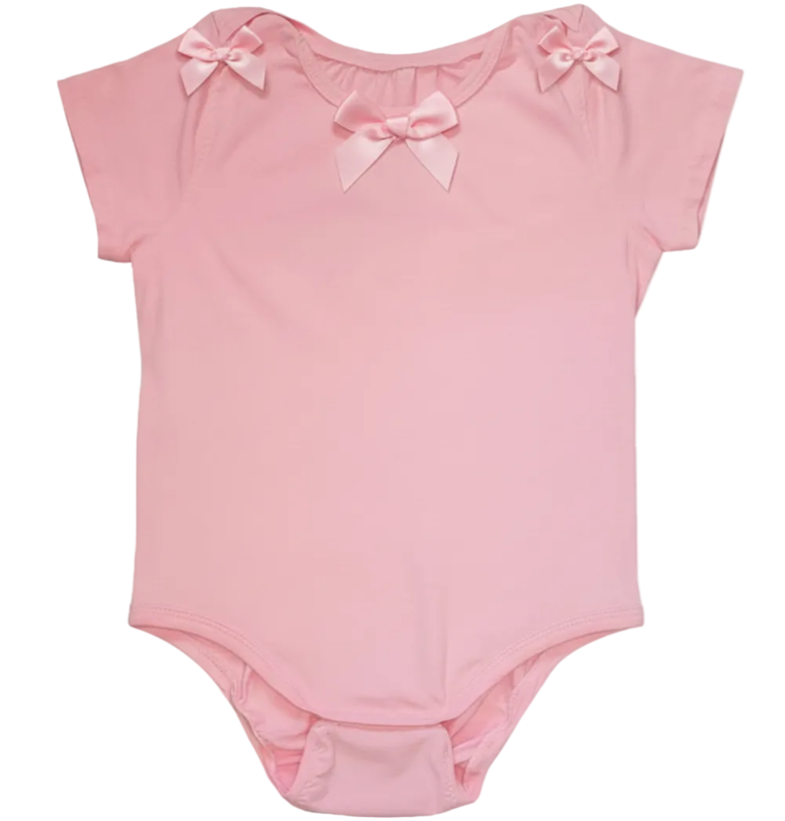 Pink baby onesie with bow details on a white background