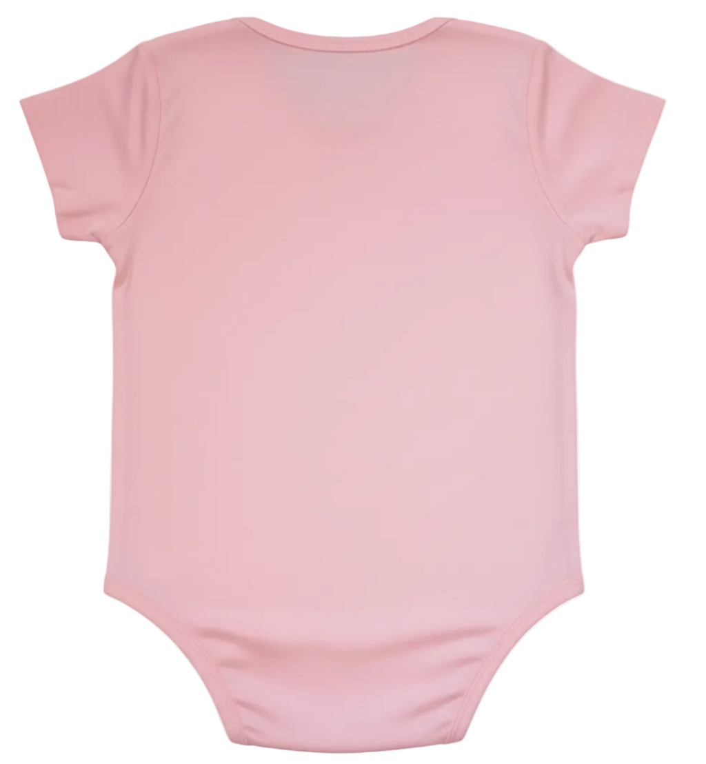 Pink baby onesie on a white background