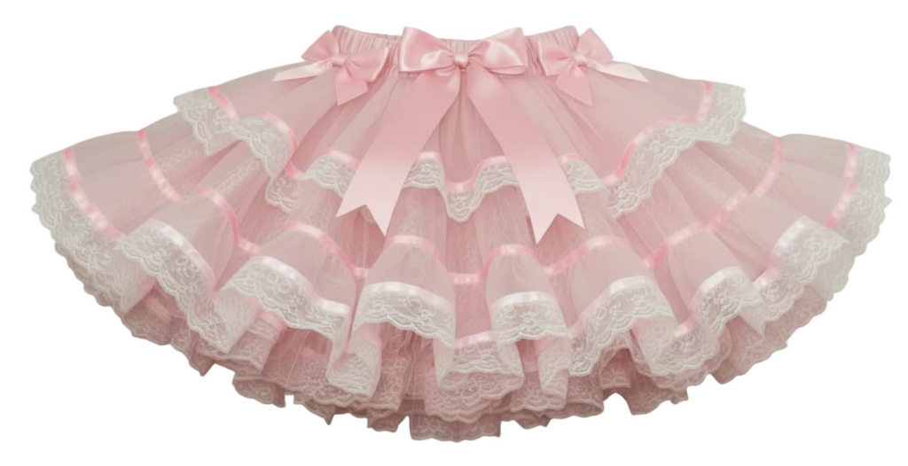 Pink tutu skirt with lace details and a bow on a white background