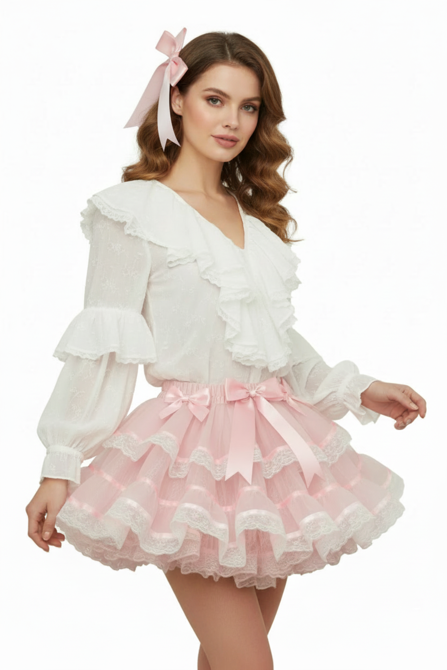 Eliza Custom Fit Pink Sheer and Lace Ribbon Bows Adult Sissy Tutu Skirt by Ben’s