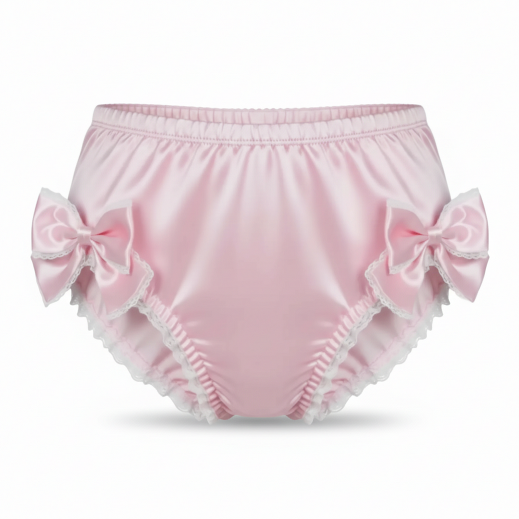 Pink baby panties with ruffles on a white background