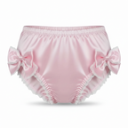 Pink baby panties with ruffles on a white background