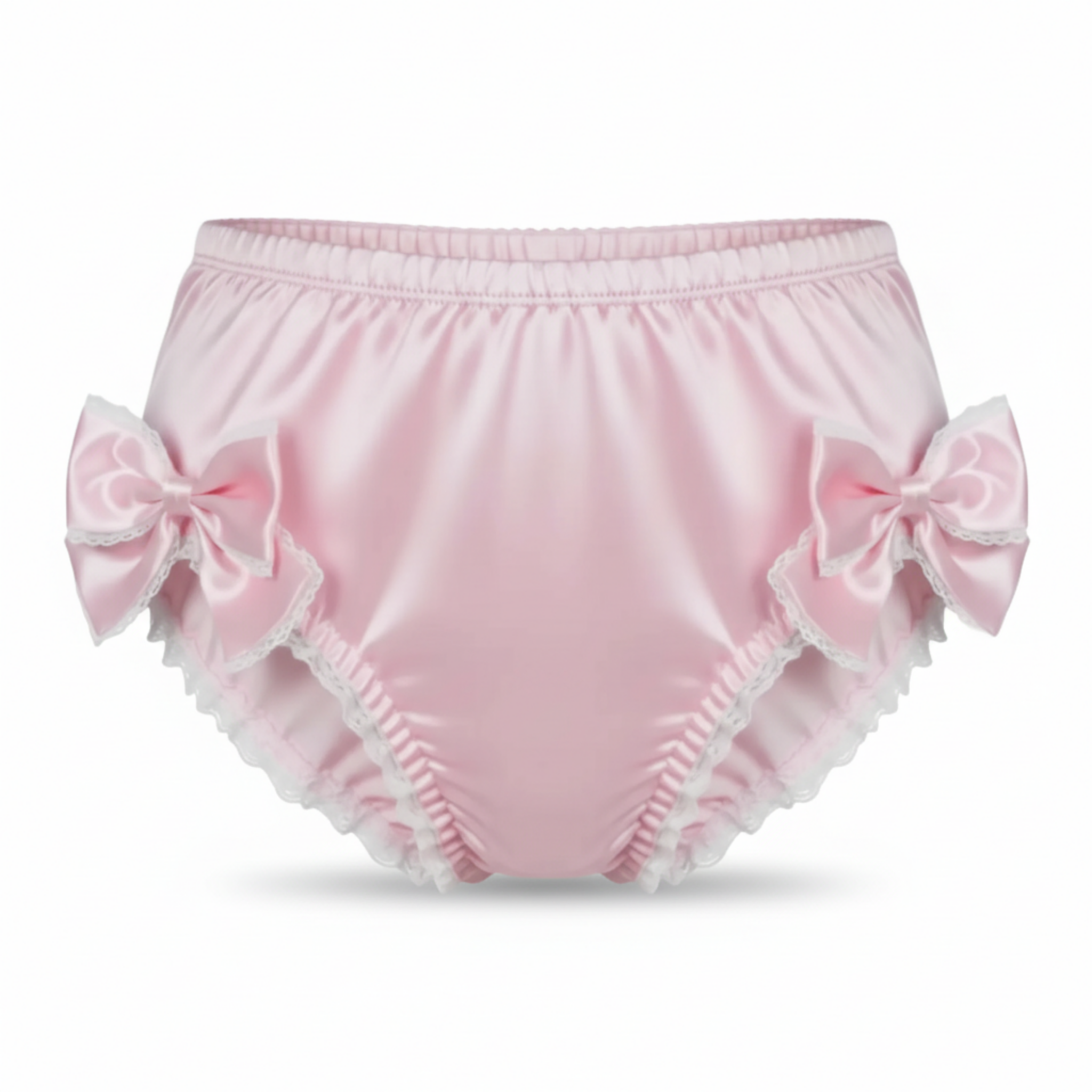 Pink baby panties with ruffles on a white background