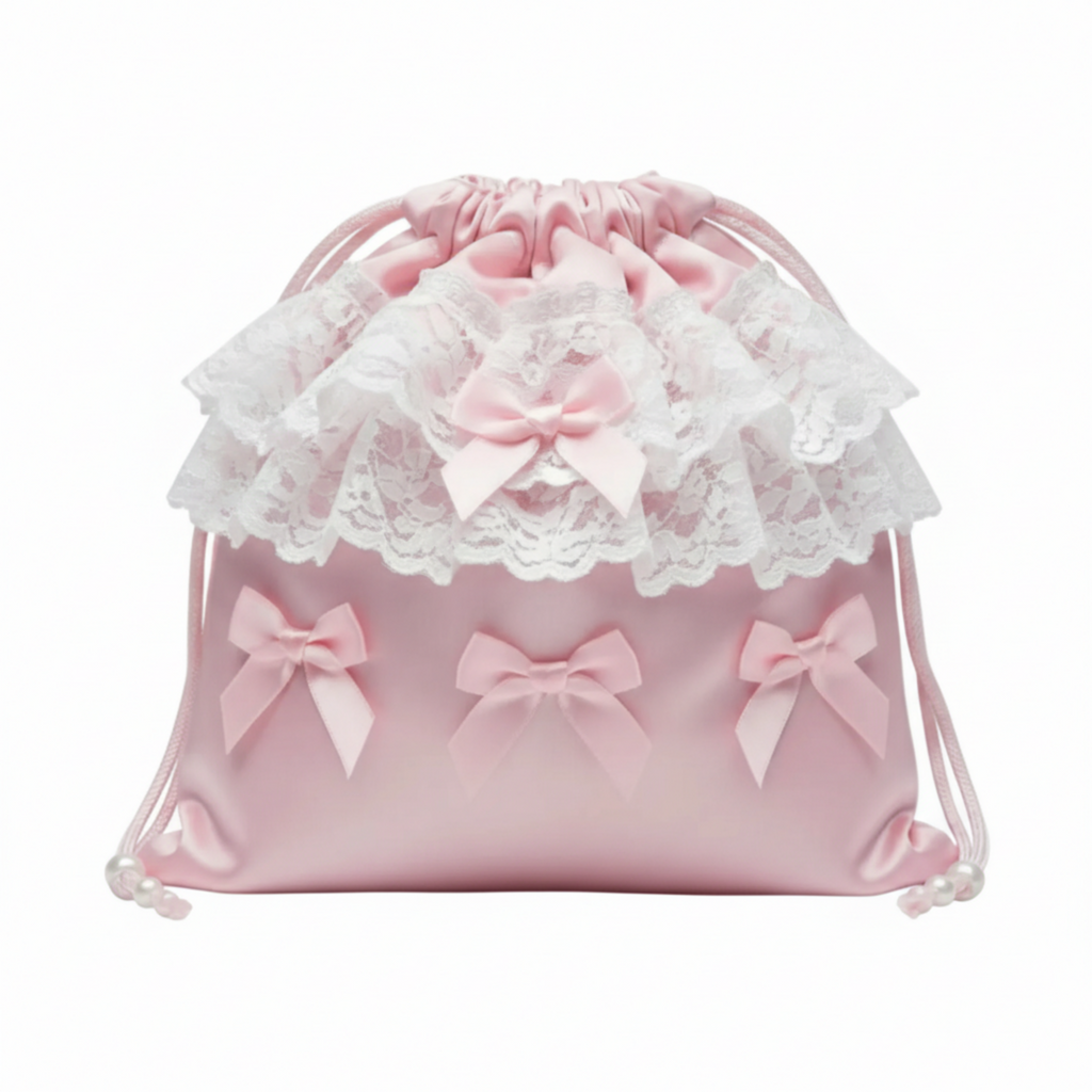 Pink drawstring bag with lace and bows on a white background