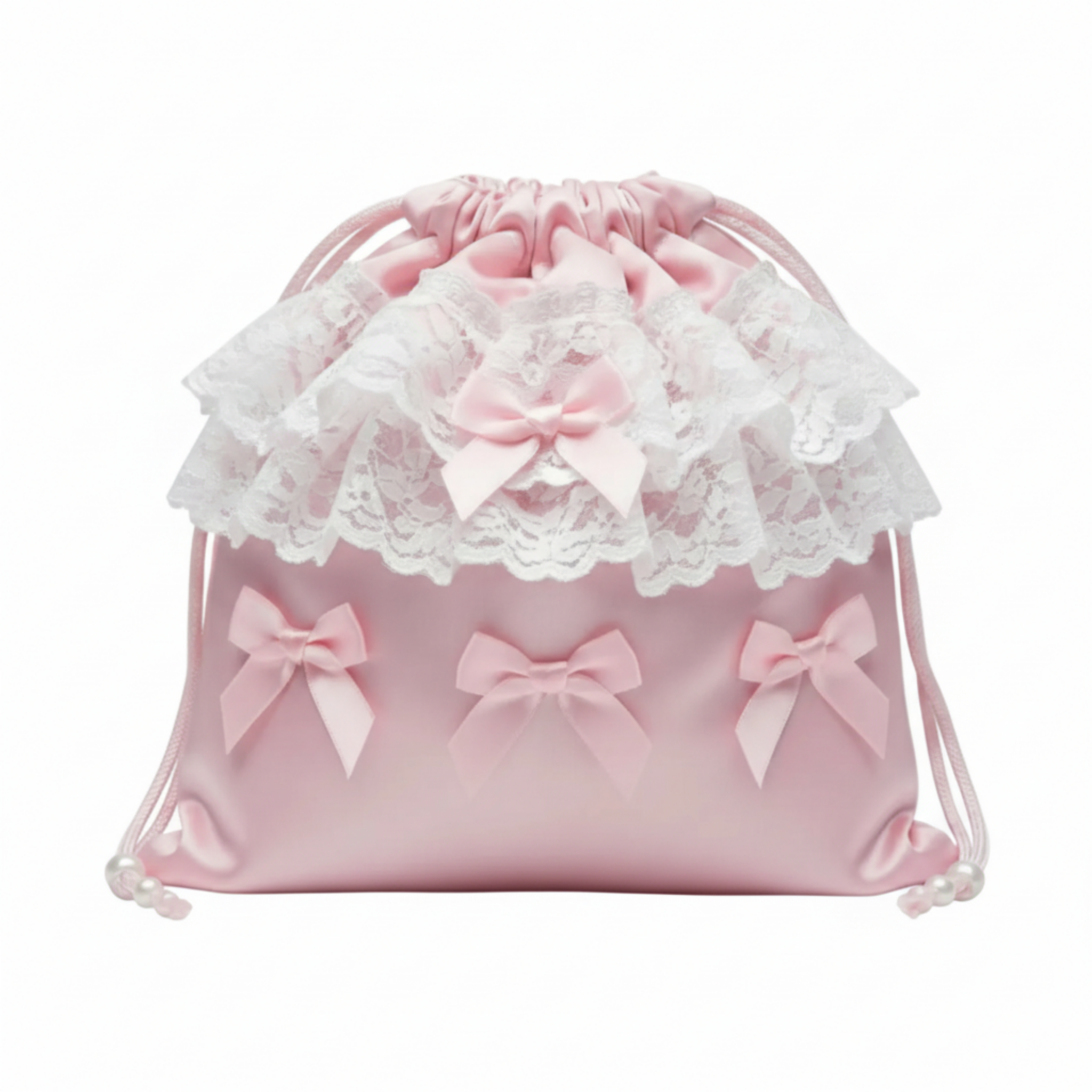 Pink drawstring bag with lace and bows on a white background