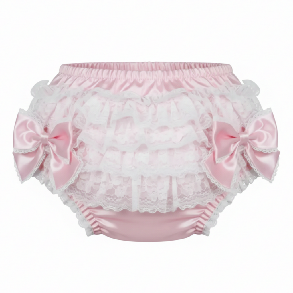 Pink rhumba panties with lace and bows on a white background