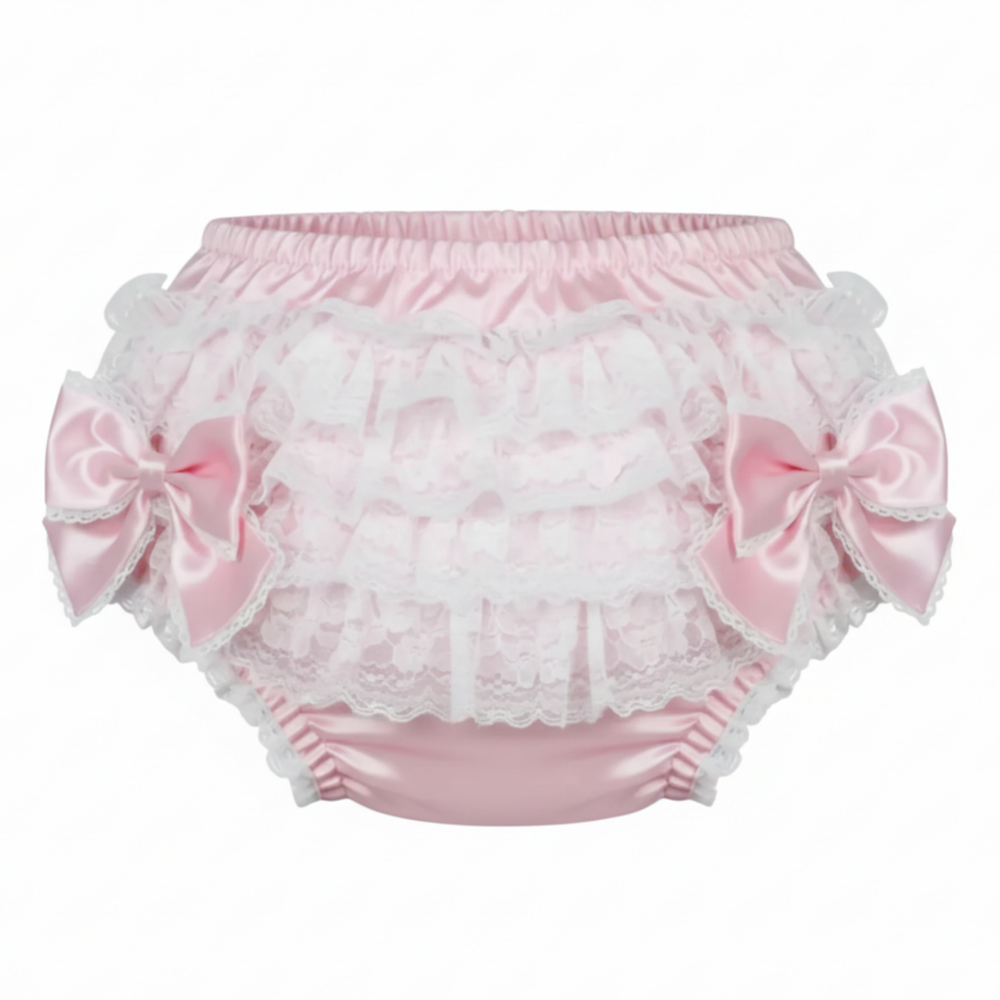 Pink rhumba panties with lace and bows on a white background