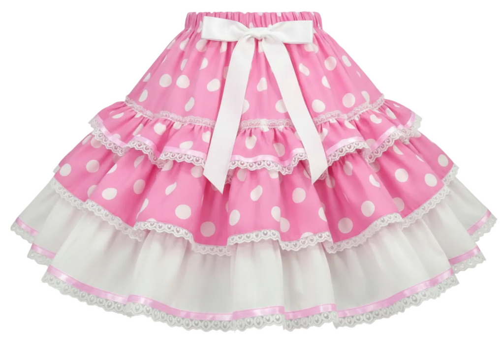 Pink polka dot skirt with white lace trim on a white background