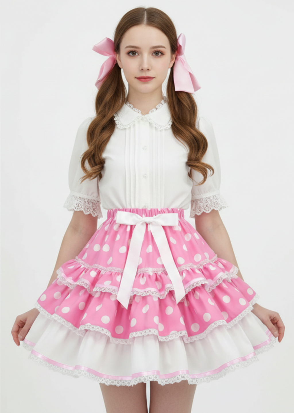 Woman wearing a white blouse and pink polka dot skirt with a white background