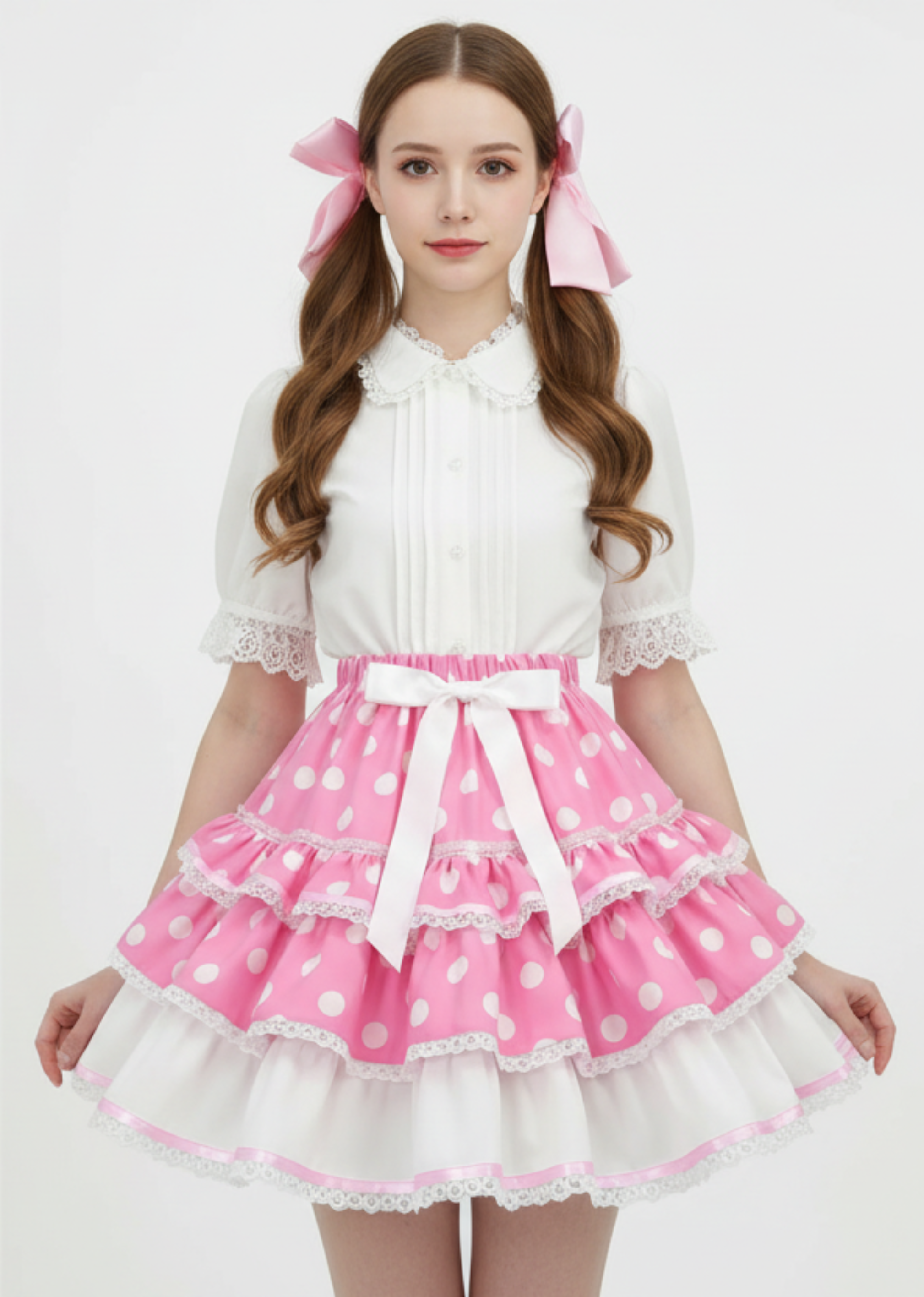 Woman wearing a white blouse and pink polka dot skirt with a white background