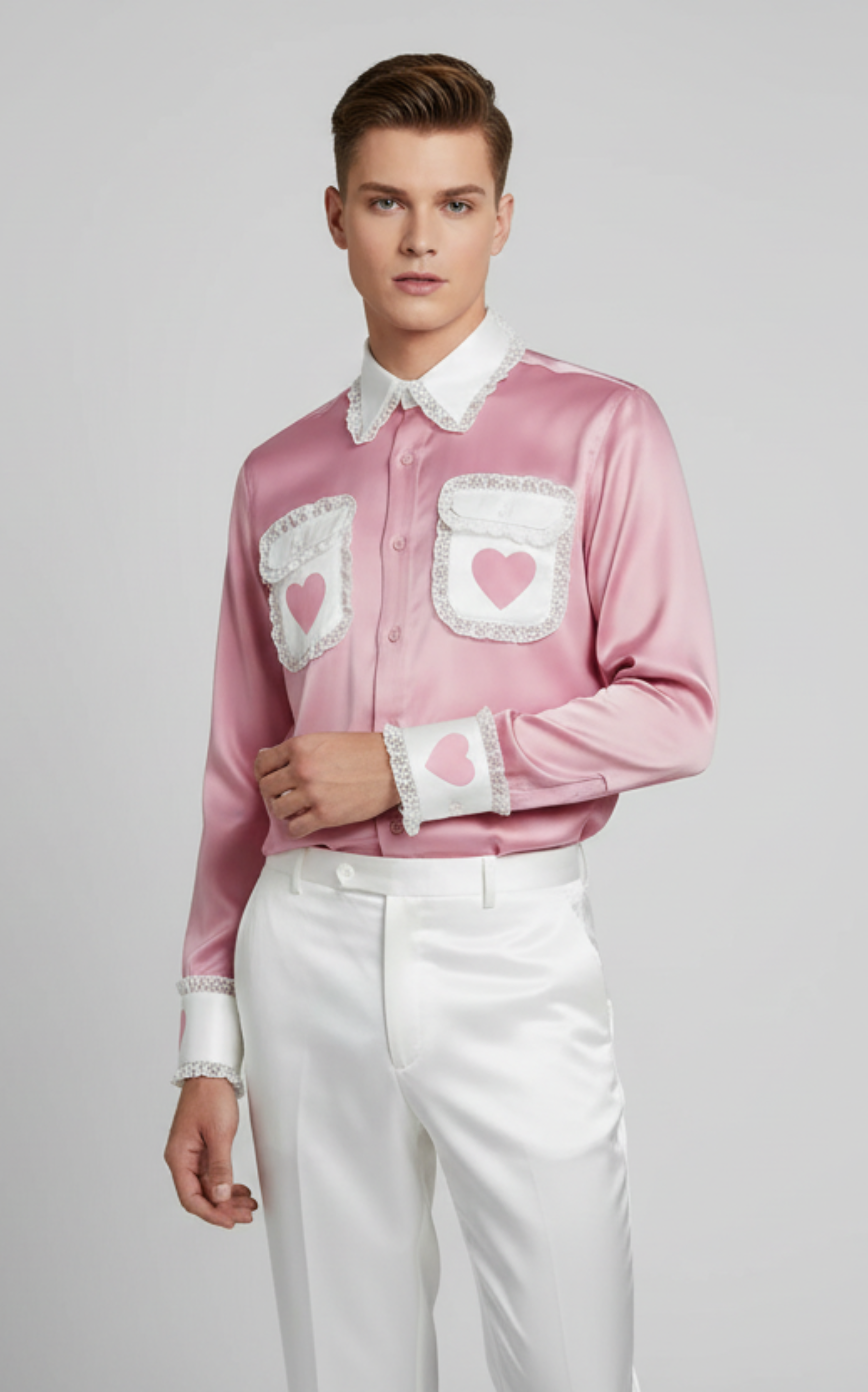 Bria Custom Fit Pink Satin Hearts Button Front Men’s Sissy Shirt by Ben’s