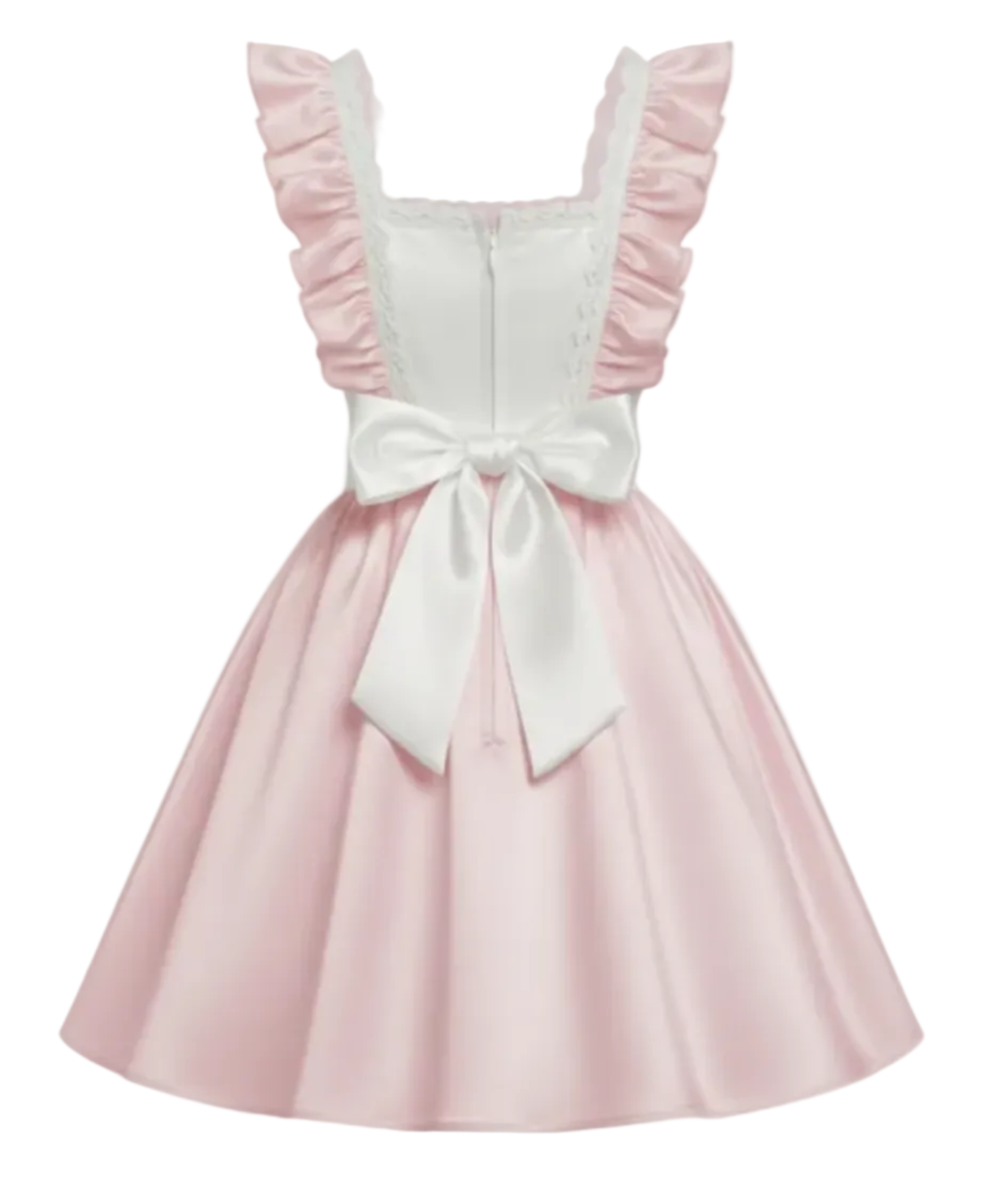 Pink and white dress with ruffled sleeves and a bow on a white background