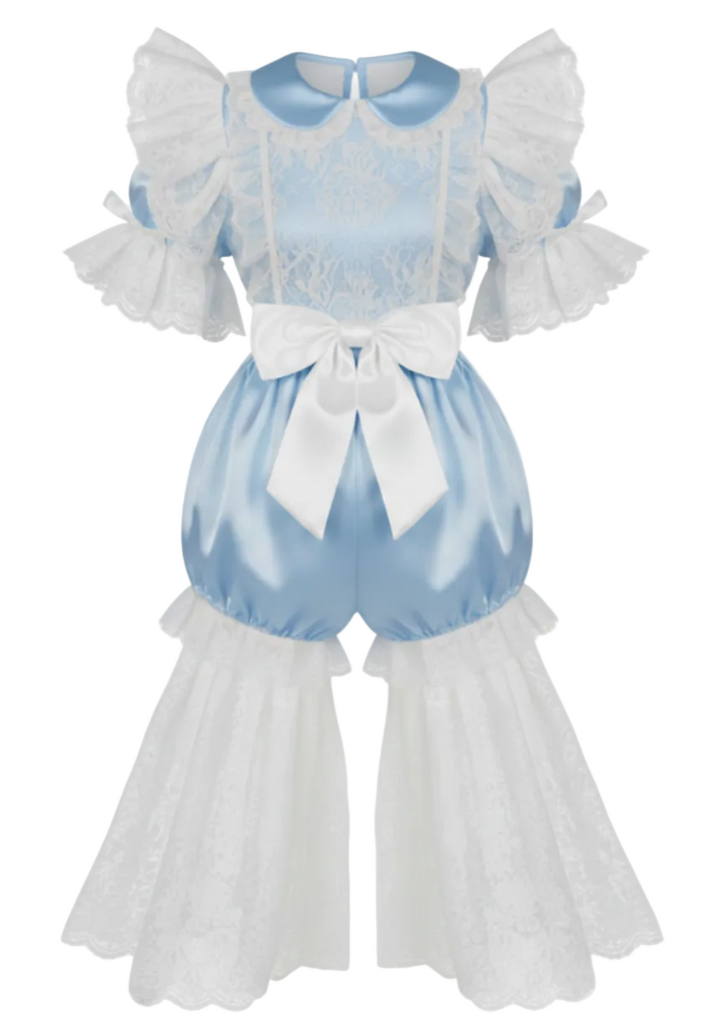 Blue and white adult baby outfit with ruffled details on a white background