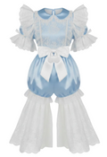 Blue and white adult baby outfit with ruffled details on a white background